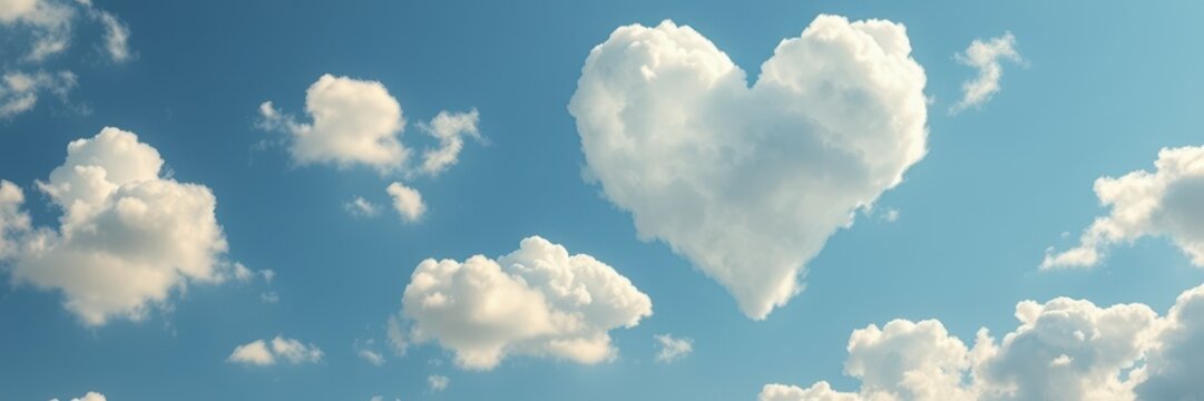 Heart-shaped cloud formation floats amidst fluffy white clouds in a bright blue sky