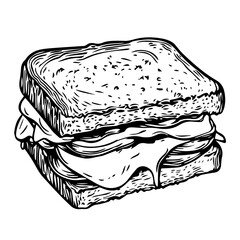 French Croque Monsieur with Ham and Melted Cheese &ndash; A Luxurious, Toasty Sandwich Black Outline Vector Illustration