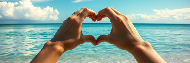 Hands form a heart shape against a vibrant ocean backdrop on a sunny afternoon