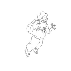 Traveler character, woman with backpack and sandwich isolated on white background