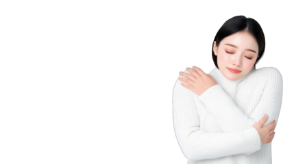 A woman in a cozy sweater embraces herself, conveying warmth. Transparent background.