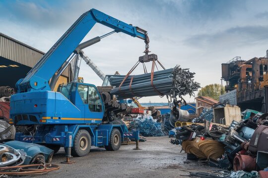 Crane lifting metal beams at junkyard: industrial scrap handling