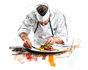 A skilled chef meticulously plates a gourmet dish, showcasing culinary expertise and precision.  High-quality illustration perfect for restaurant menus, cookbooks, and food blogs.