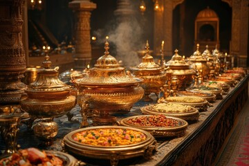 Steaming indian food served in ornate golden dishes in palace dining hall