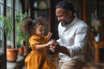 A dad reading a newspaper while his child playfully jumps onto his lap, both laughing