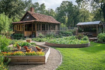 Chickens roaming in lush backyard garden by wooden cottage