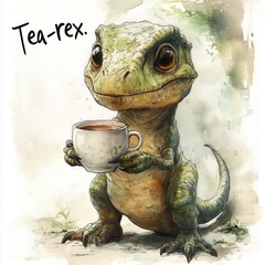 A dinosaur holding a cup of tea, with the quote "Tea-rex."