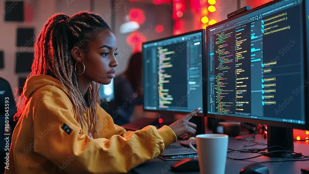Poster young woman coding at computer workstation with multiple screens during night in a tech workspace