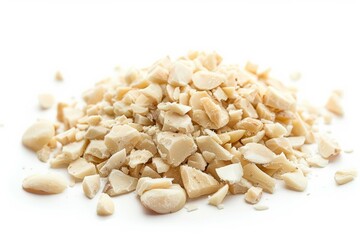  Pile of small almond crumbs on white background. Image illustrated food for advertisement