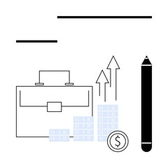 Business briefcase, stacked coins, rising graph arrows, and a pencil. Ideal for financial planning, investment, business growth, economic trends market analysis corporate strategy. Line metaphor