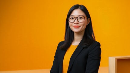 Asian young female professional in black blazer and glasses smiling against vibrant orange background
