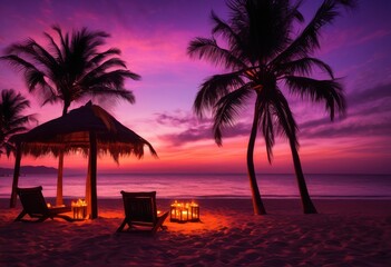 Fototapeta premium charming romantic beach setting mesmerizing softly glowing silhouettes gentle waves lapping shore, sunset, candles, romance, relaxation, ocean, serenity
