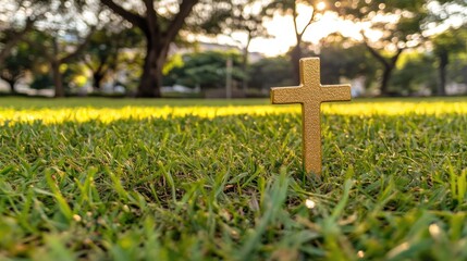 A small cross set gently on green grass, bathed in warm sunlight, with plenty of room for design elements.