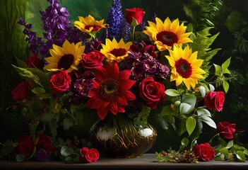 Obraz premium vibrant floral arrangement showcasing bright colors rich textures natural backdrop eye catching visual appeal, bloom, botanical, decor, design, craft, flower