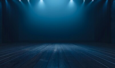 Dark blue wooden floor with spotlights, creating a dramatic and mysterious ambiance.