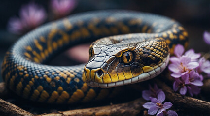 Fototapeta premium Beautiful close up portrait of a blue and yellow snake surrounded by pink and purple flowers. Chinese New Year 2025 illustration concept.