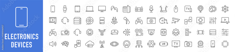 Poster electronics and devices web icons in line style. computing, social network, management, internet, ne