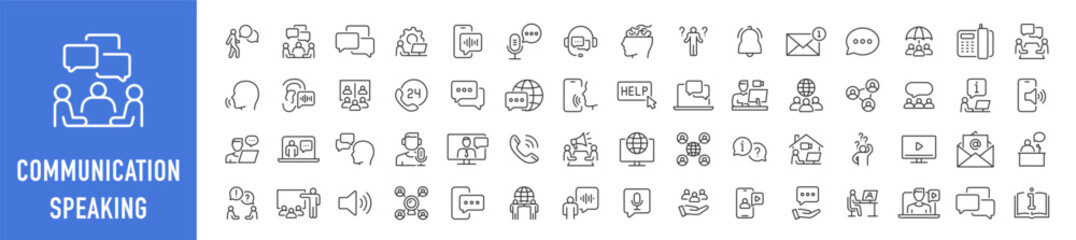 Communication and speaking web icons in line style. Chat, speech bubble, talking, point, chat, support, message, phone, globe, call, info collection. Vector illustration.
