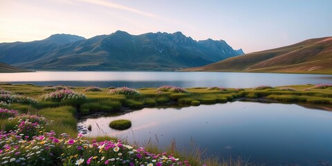 Obraz premium Serene alpine lake at dawn surrounded by blooming flowers and grassy hills, morning light, aquatic plants, reflection