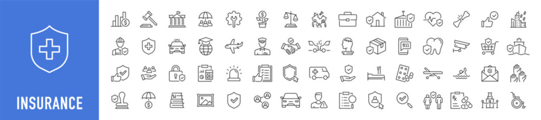Set of 60 Insurance web icons in line style. Medical, Car, insurance situations, accident, health, flood, life, travel, fly, home. Vector illustration.