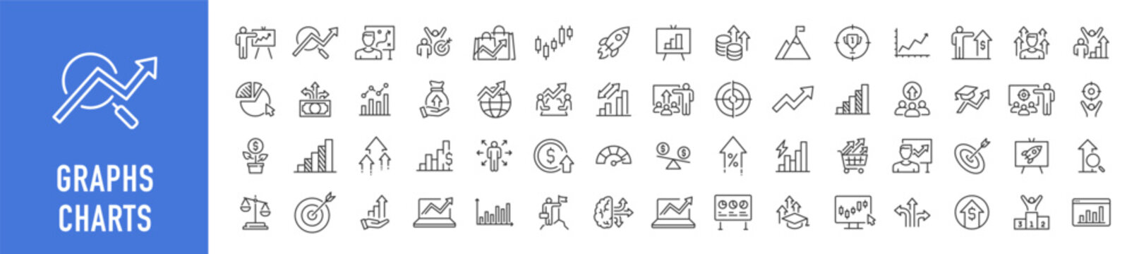 Graph and Charts web icons in line style. Graphics, infographic, statistics, data, diagrams, economy reduction, finance, down or up arrow, business, increase, decrease. Vector illustration.