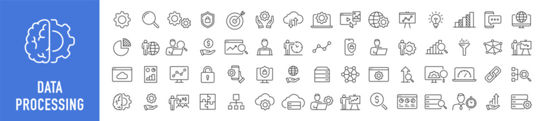 Data Processing web icons in line style. Analytics, gear, network, statistic, filter, diagrams, technology. Icon collection. Vector illustration.
