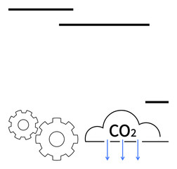 Two gears beside a cloud labeled CO2 with downward arrows indicating emissions reduction. Ideal for environmental awareness, industrial impact, pollution control, engineering, sustainability, climate