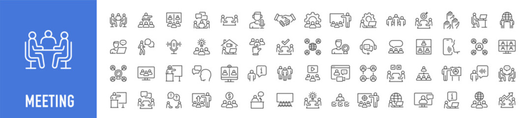 Meeting web icon set in line style. Conference, team, brainstorm, seminar, interview, collection. Vector illustration.