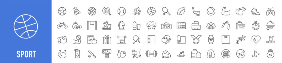 Sport web icons in line style. Football, golf, gym, basketball, volleyball, bowling, chess, skiing, boxing, tennis, collection. Vector illustration. © iiierlok_xolms