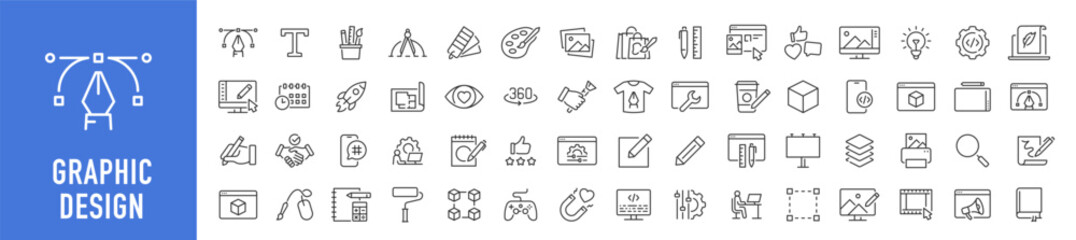 Graphic design web icons in line style. Icons for graphic designer, creative package, stationary, software, creativity, tools, drawing, collection. Vector illustration.