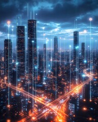 Fototapeta premium Artistic representation of urban progress, futuristic city towers with smart energy systems