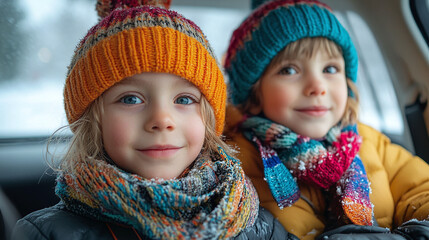 portrait of two young kids sitting in the backseat of a car ready for winter adventure.