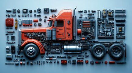 Disassembled red big rig truck with parts displayed around it on a light blue background.