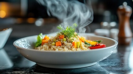 White quinoa cooked to perfection, fluffed and steaming