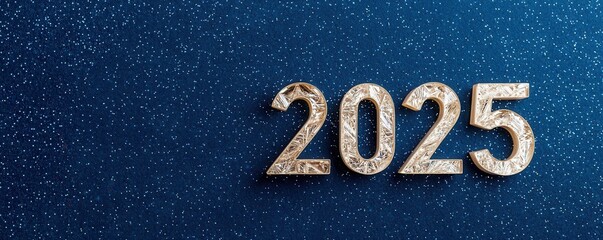 Year-end concept featuring New Year 2025 countdown. A shimmering representation of the year 2025 against a starry blue background, symbolizing hope and new beginnings