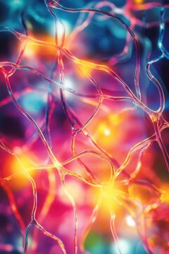 Colorful nerve signals illustrated as glowing pulses, moving fluidly through an abstract background, energy visualizing the brain s communication