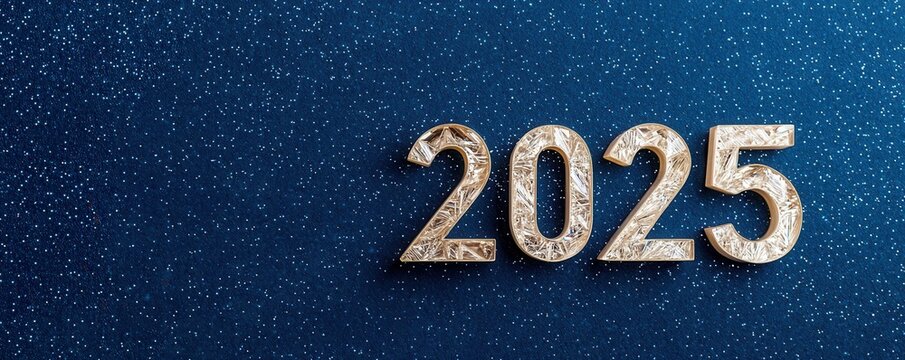Year-end concept featuring New Year 2025 countdown. A shimmering representation of the year 2025 against a starry blue background, symbolizing hope and new beginnings