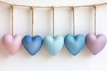 Five pastel colored hearts hanging on a rope against white background