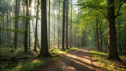 Fototapeta premium Soft focus captures the serene beauty of a forest illuminated by dappled sunlight, soft focus effect, leafy branches, peaceful atmosphere
