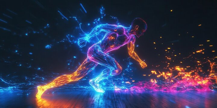 An energetic figure in vibrant neon colors, showcasing the dynamism of athletic movement in a futuristic design.