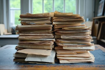 Stacks of old papers covering wooden table in bright room