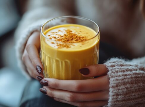 Caucasian female holding glass of turmeric latte with sweater-sleeved hands