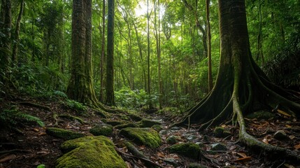 Lush Green Rainforest Scene with Towering Trees, Mossy Rocks, and Soft Natural Light Filtering Through Dense Foliage, Creating a Serene Wilderness Atmosphere