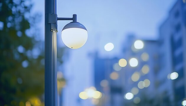 Illuminated street lamp on a blurred city background during twilight.