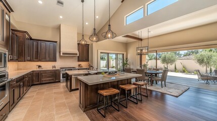 Modern Open Concept Kitchen with Elegant Finishes and Spacious Dining Area Surrounded by Natural Light and Contemporary Decor