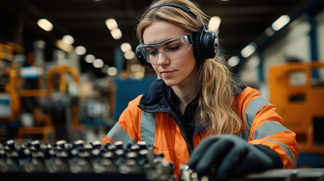 A professional woman in a bright orange safety jacket carefully operates machinery, demonstrating precision and skill in a factory environment.