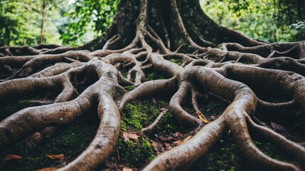 Fototapeta premium Intricate Root System of a Majestic Tree with Lush Green Foliage in a Serene Forest Setting, Showcasing Nature's Beauty and Resilience in a Close-Up View
