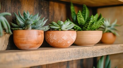 Obraz premium Succulent Plants in Decorative Pots on Wooden Shelf with Natural Background, Showcasing Various Types of Greenery and Earthy Textures in a Modern Interior Setting
