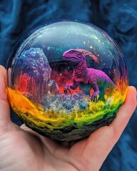 Obraz premium A small, clear glass orb with a purple dinosaur inside.