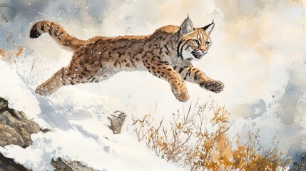 Obraz premium Bobcat Leaping Over Snowbank During Migration Towards Warmer Regions in a Majestic Natural Landscape Captured in Vibrant Detail